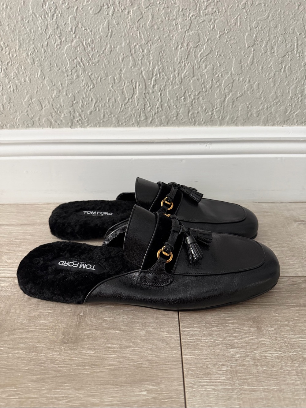Tom Ford Black Leather Tassel Backless Mules men 11.5